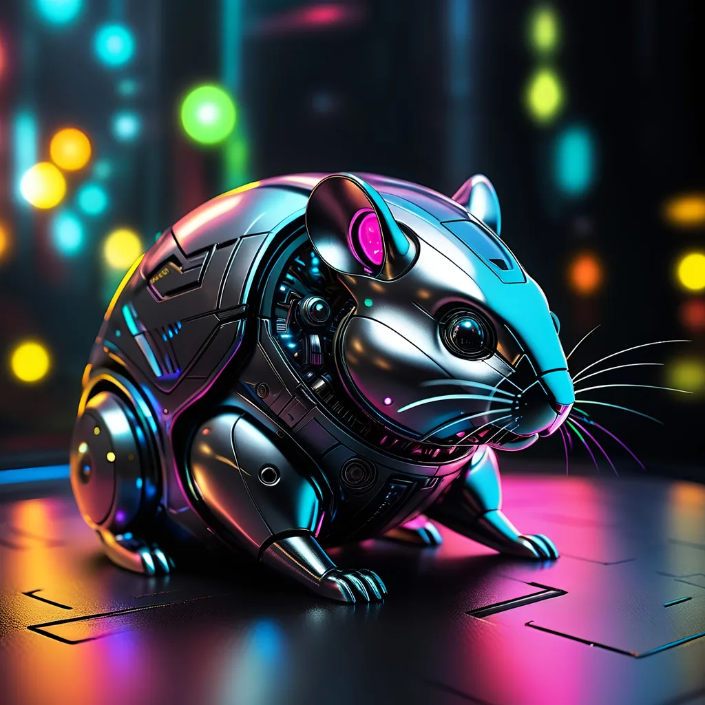 Prompt: Tiny Syrian hamster mech, metallic and sleek design, futuristic sci-fi style, intense grey and black color scheme, sparkling neon lights, miniature scale, highres, ultra-detailed, sci-fi, futuristic, metallic sheen, intense color scheme, miniature scale, neon lights, detailed design, professional, atmospheric lighting