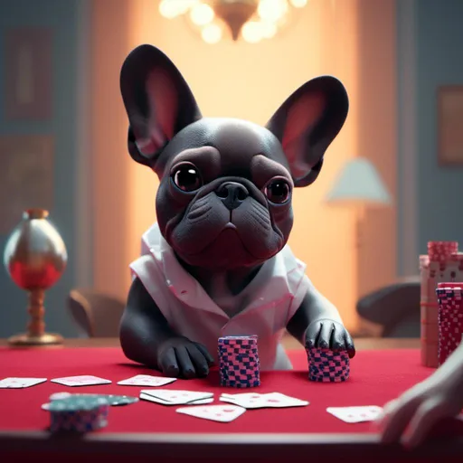 Prompt: <mymodel> a 3d render of a miniature french bulldog playing poker.