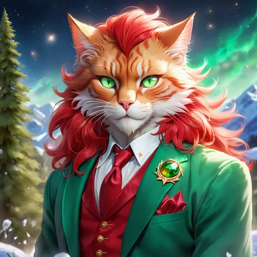 Prompt: warrior cat with {green fur} and {emerald green eyes}, senior male cat, earth element, trees, Erin Hunter, gorgeous anime portrait, beautiful cartoon, 2d cartoon, beautiful 8k eyes, elegant {red fur}, pronounced scar on chest, fine oil painting, modest, gazing at viewer, beaming red eyes, glistening red fur, low angle view, zoomed out view of character, 64k, hyper detailed, expressive, timid, graceful, beautiful, expansive silky mane, deep starry sky, golden ratio, precise, perfect proportions, vibrant, standing majestically on a tall crystal stone, hyper detailed, complementary colors, UHD, HDR, top quality artwork, beautiful detailed background, unreal 5, artstaion, deviantart, instagram, professional, masterpiece