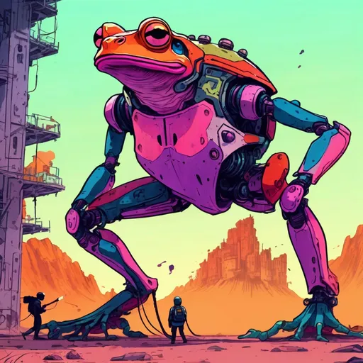 Prompt: Giant frog mech hunting some poor souls.
Science Fiction, Retrofuturism, Body horror, Cosmic Horror, Fine inking, Clean linework, comic illustration, flat shading, Colour transitions, Maximalism, Beautifully illustrated forms, beautiful background scenery, Warm and cold colour mix, Triadic colour palette, Dark vibrancy, Complexity, Storytelling, Dynamic Poses, High quality, Sharp focus, Tight colour range, Full scene, Filmic, 