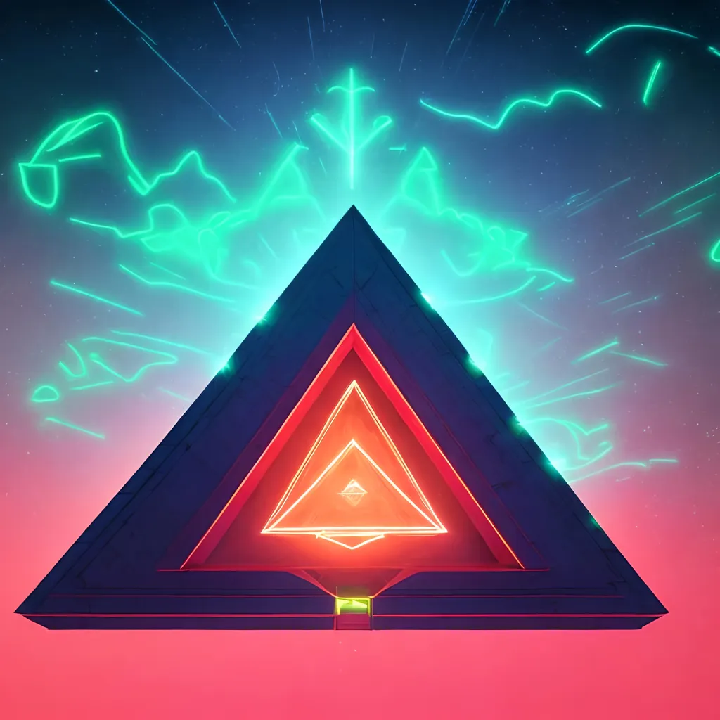 Prompt: letterbox style image, giant emerald pyramid, overhead lighting, infinity vanishing point, neon blue nebula background