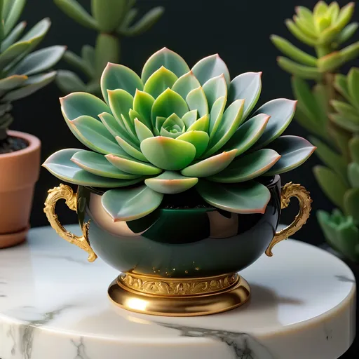 Prompt: Onyx and jade pot with neon succulent, gold handles, highres, detailed, realistic painting, vibrant colors, natural lighting, intricate details, luxurious material, botanical illustration, elegant design, rich green tones, polished surfaces, high quality, realistic, succulent, onyx and jade pot, vibrant, natural lighting, intricate details, luxurious material, botanical illustration, elegant design, rich green tones, polished surfaces