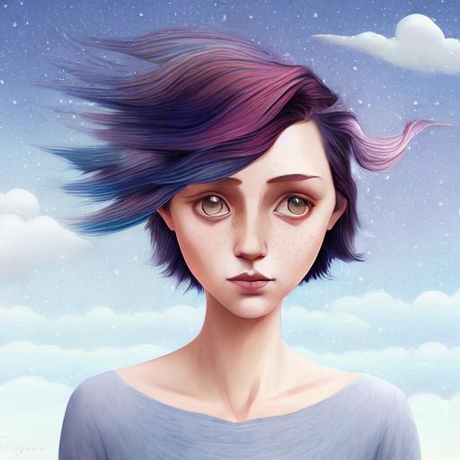 Prompt: In style of christian Schloe and daria Petrilli, a giant colorful bird flying with a beautiful cute girl with a very long and wild  ombre gradient blue hair on its back in a beautiful starry sky. Craquelure, egg tempera effect, Naive art, extremely detailed, optical illusion, oil painting 