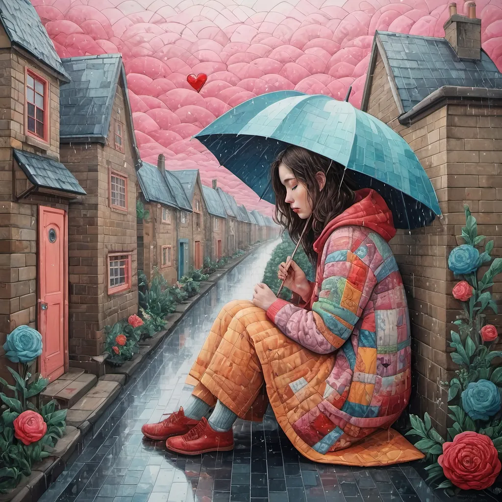 Prompt: waiting for you in the rain He will return like in a dream Bad dream Will let us be close to each other But the dream flew away His heart changed Only you are left with your ambiguous love , in the style of hot vs cold folk art-inspired isometric , bold patterned quilts, pastel colours, bloomcore, mixes painting and ceramics, precise, detailed architecture paintings, cute and dreamy, illustration by Olivia Gibbs, Francois boucher, Animorphia - Kerby Rosanes, Victoria Ball, ugly sweater patchwork 