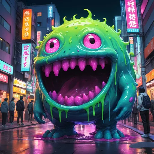 Prompt: Anime illustration of a vibrant slime monster, bright and vivid colors, urban Tokyo street setting, oozing texture, detailed gooey substance, playful and mischievous expression, neon-lit cityscape, high quality, anime, vibrant colors, ooze, Tokyo street, detailed texture, mischievous expression, urban setting, neon lights, highres, playful