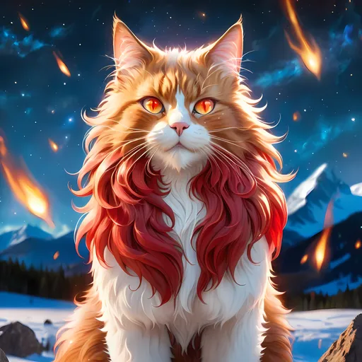 Prompt: wizard cat with {red fur} and {ruby red eyes}, senior female cat, fire element, flame, Erin Hunter, gorgeous anime portrait, beautiful cartoon, 2d cartoon, beautiful 8k eyes, elegant {red fur}, pronounced scar on chest, fine oil painting, modest, gazing at viewer, beaming red eyes, glistening red fur, low angle view, zoomed out view of character, 64k, hyper detailed, expressive, timid, graceful, beautiful, expansive silky mane, deep starry sky, golden ratio, precise, perfect proportions, vibrant, standing majestically on a tall crystal stone, hyper detailed, complementary colors, UHD, HDR, top quality artwork, beautiful detailed background, unreal 5, artstaion, deviantart, instagram, professional, masterpiece