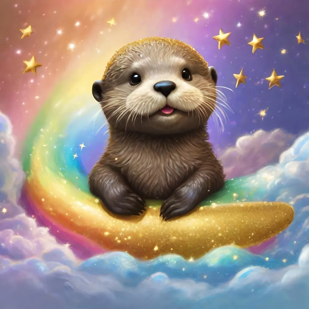 Prompt: Realistic comic art of an baby sea otter riding on top of a rainbow while farting golden glitter stars
