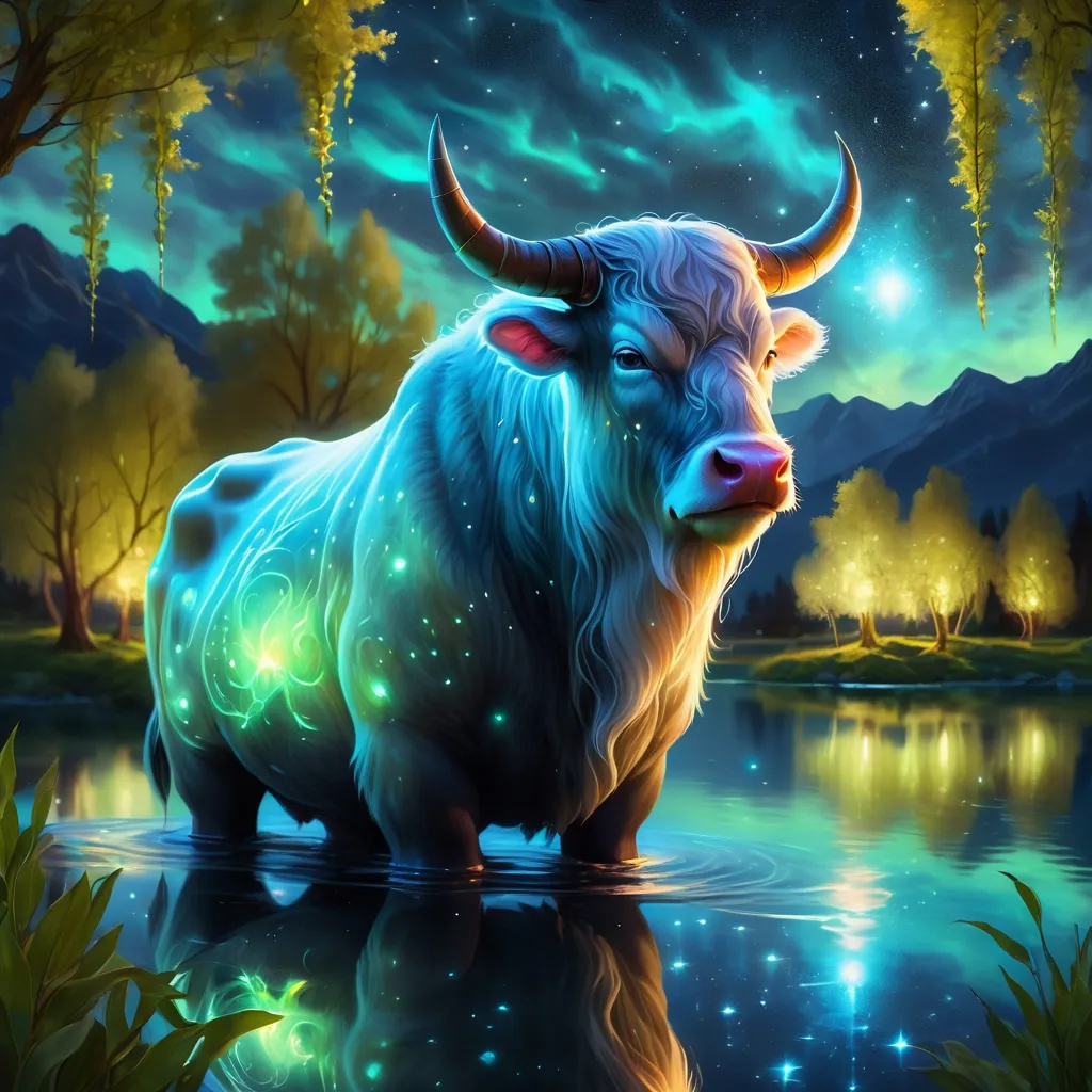 Prompt: An fantasy translucent dwarf bull that is glowing on a lake surrounded by willows. Starry night. Bioluminescent. Beautiful. Majestic. Graceful. Terrifying. Powerful. Highly detailed painting. 8k.