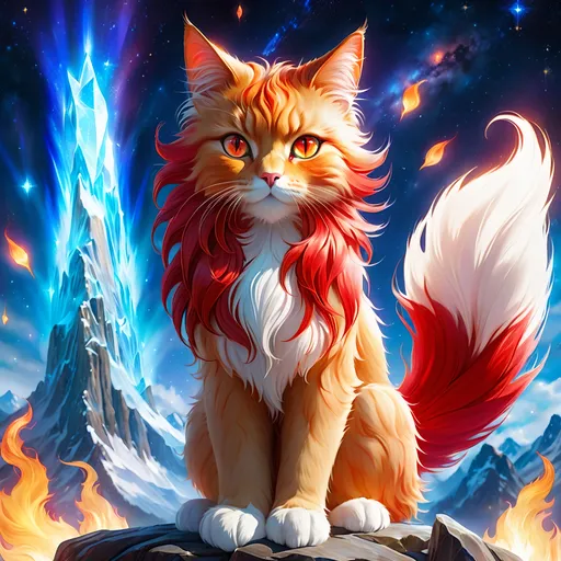 Prompt: wizard cat with {red fur} and {ruby red eyes}, senior female cat, fire element, flame, Erin Hunter, gorgeous anime portrait, beautiful cartoon, 2d cartoon, beautiful 8k eyes, elegant {red fur}, pronounced scar on chest, fine oil painting, modest, gazing at viewer, beaming red eyes, glistening red fur, low angle view, zoomed out view of character, 64k, hyper detailed, expressive, timid, graceful, beautiful, expansive silky mane, deep starry sky, golden ratio, precise, perfect proportions, vibrant, standing majestically on a tall crystal stone, hyper detailed, complementary colors, UHD, HDR, top quality artwork, beautiful detailed background, unreal 5, artstaion, deviantart, instagram, professional, masterpiece