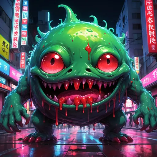 Prompt: Anime illustration of a vibrant slime monster, bright and vivid colors, urban Tokyo street setting, oozing blood red texture, detailed gooey substance, playful and mischievous expression, neon-lit cityscape, high quality, anime, vibrant colors, ooze, Tokyo street, detailed texture, mischievous expression, urban setting, neon lights, highres, playful