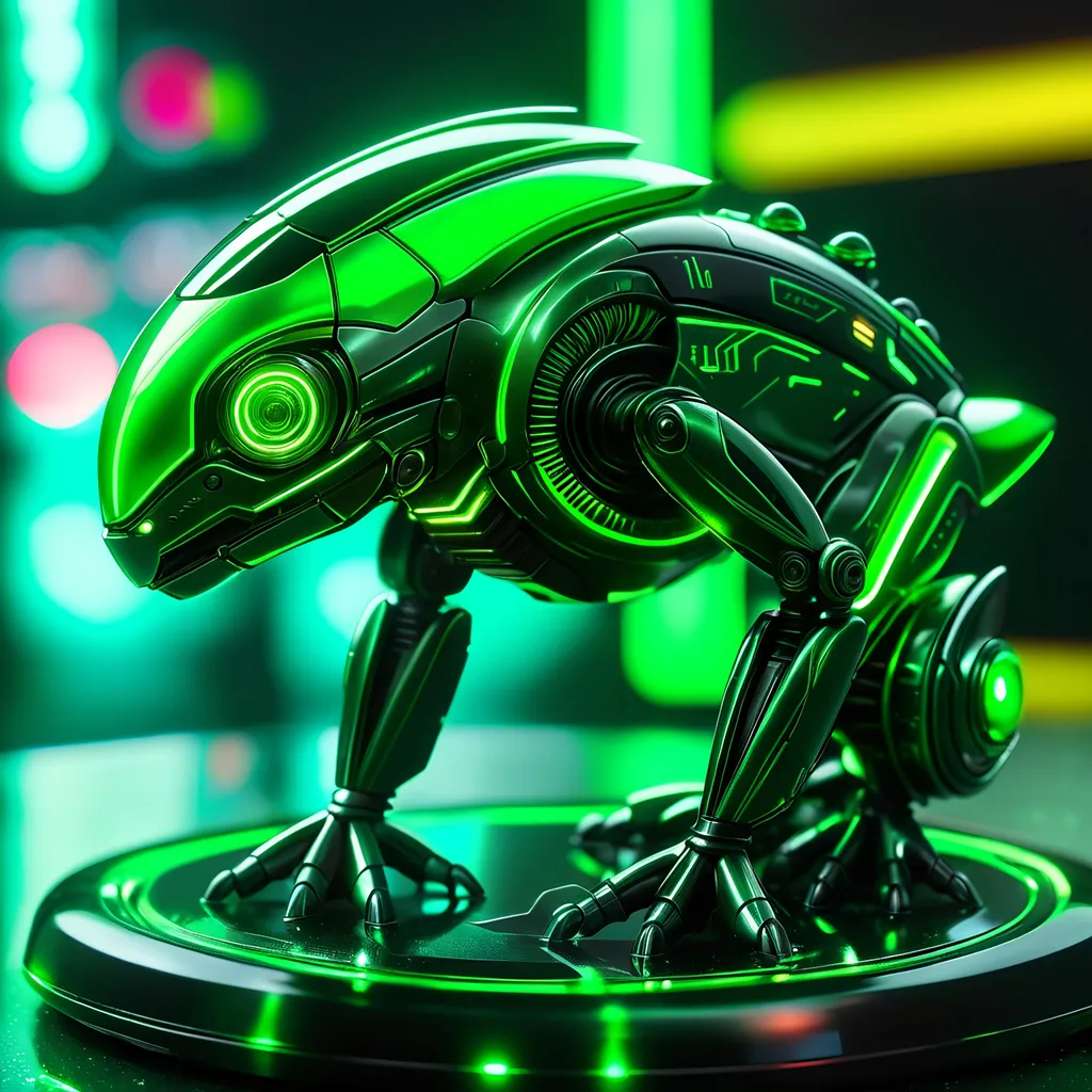 Prompt: Tiny frog mech, metallic and sleek design, futuristic sci-fi style, intense green and black color scheme, sparkling neon lights, miniature scale, highres, ultra-detailed, sci-fi, futuristic, metallic sheen, intense color scheme, miniature scale, neon lights, detailed design, professional, atmospheric lighting