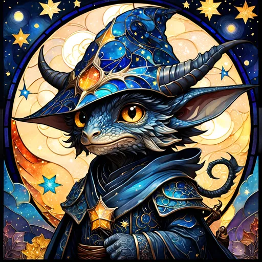 Prompt: an adorable chibi dragonborn wizard, dark starry night, gorgeous eyes, stained glass, fantasy illustration, textured with large visible brush strokes, detailed scales, hypermaximalism, astral patterns, star lit sky, masterpiece, breathtaking intricate details, in the style of Andreas Lie, van Gogh, Hokusai, Luke Gram, Albert Robida, Victo Ngai