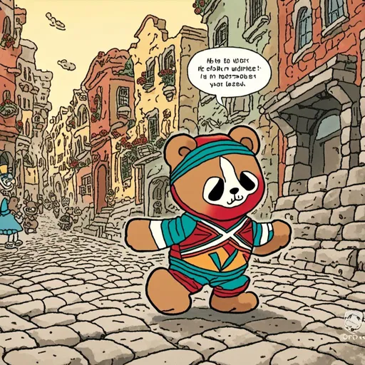 Prompt: a teddy bear dressed as a mexican masked wrestler, he is surrounded by an old cobblestone city background.
<mymodel>