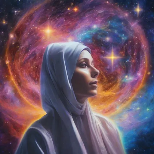 Prompt: Nun exhaling galaxies and stars, cosmic art medium, ethereal aura, vibrant colors, high quality, surreal, cosmic, detailed veils, celestial lighting, mystical atmosphere, closeup no hands