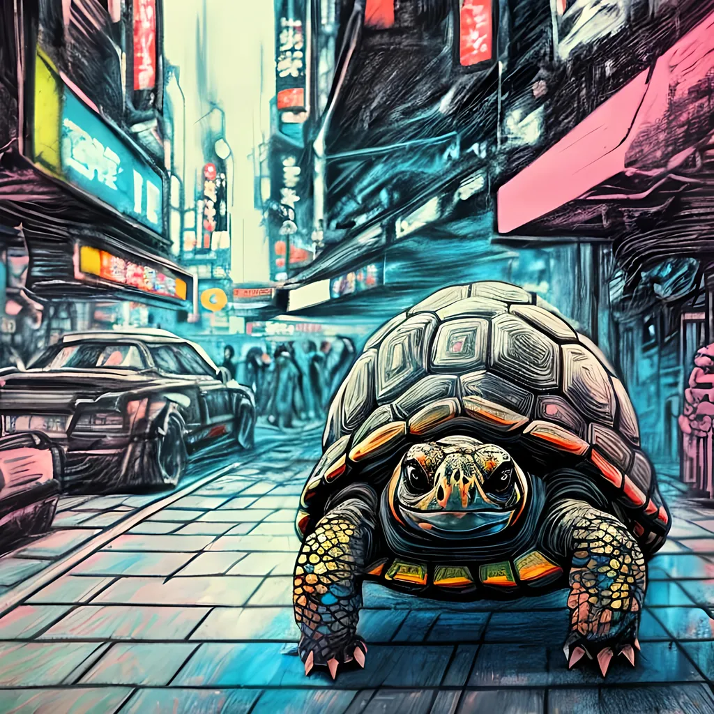 Prompt: pop art chalk pastel art of detailed tortoise wearing USA clothes playing in the streets in cyberpunk japan during a festival, sketch, detailed background, highres, fun atmosphere, natural lighting,  abstract, fun