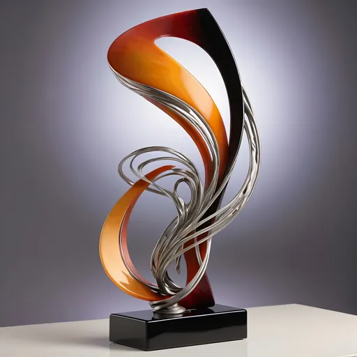 Prompt: Abstract metal tabletop sculpture, platinum and onyx, bright solid colored background, high quality, metallic, modern, vibrant colors, detailed textures, professional lighting