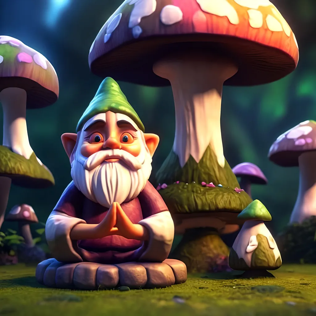 Prompt: a gnome meditating to expand his third eye. He sits criss-cross apple sauce on top of a large mushroom
