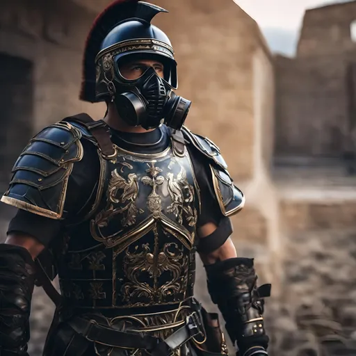 Prompt: A modern roman military male in black military armor galea helmet of roman armor, and gas mask, background military base, Hyperrealistic, sharp focus, Professional, UHD, HDR, 8K, Render, electronic, dramatic, vivid, pressure, stress, nervous vibe, loud, tension, traumatic, dark, cataclysmic, violent, fighting, Epic