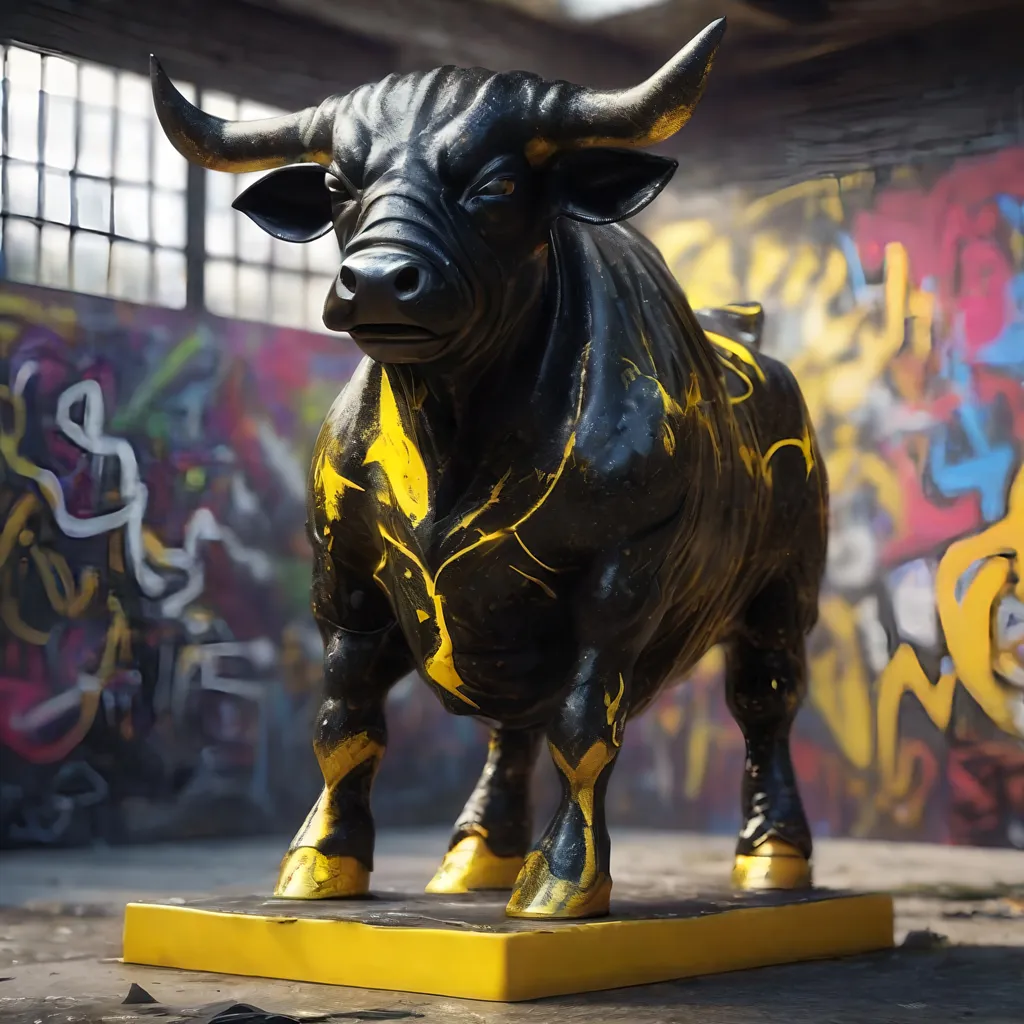 Prompt: A black and yellow translucent small dwarf bull humanoid made of black carbon fiber, graffiti all over it, standing up in the ghetto, highly detailed painting, photorealistic, sparkles, magical atmosphere, 8k