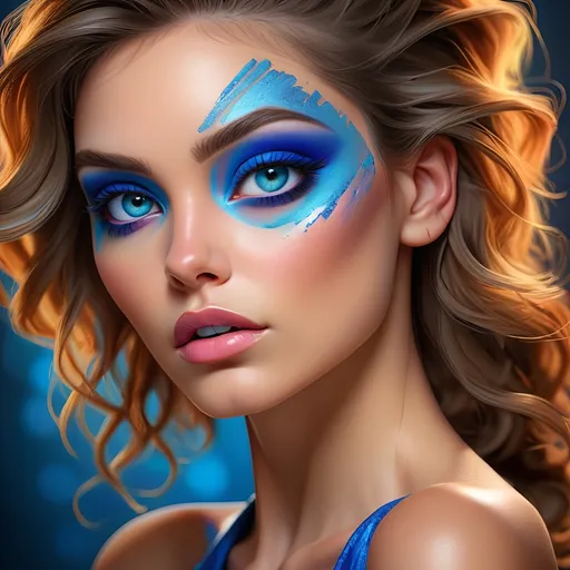 Prompt: Woman with vibrant blue eyeshadow, high-quality portrait, detailed makeup, realistic painting, vibrant colors, glamorous, professional lighting, intense gaze, highres, realistic, detailed, portrait, vibrant blue eyeshadow, glamorous makeup, professional, intense gaze, realistic painting, vibrant colors, realistic lighting