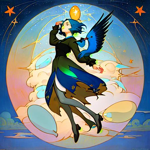 Prompt: In style of christian Schloe and daria Petrilli, a giant colorful bird flying with a beautiful cute girl with a very long and wild  ombre gradient blue hair on its back in a beautiful starry sky. Craquelure, egg tempera effect, Naive art, extremely detailed, optical illusion, oil painting 