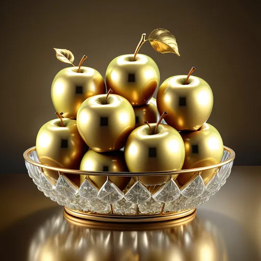 Prompt: Metallic gold apples in a crystal basket, high-quality 3D rendering, realistic, luxurious, golden lighting, detailed reflections, crystal-clear, opulent, elegant, gold, apples, crystal, luxury, 3D rendering, high-res, detailed, realistic lighting