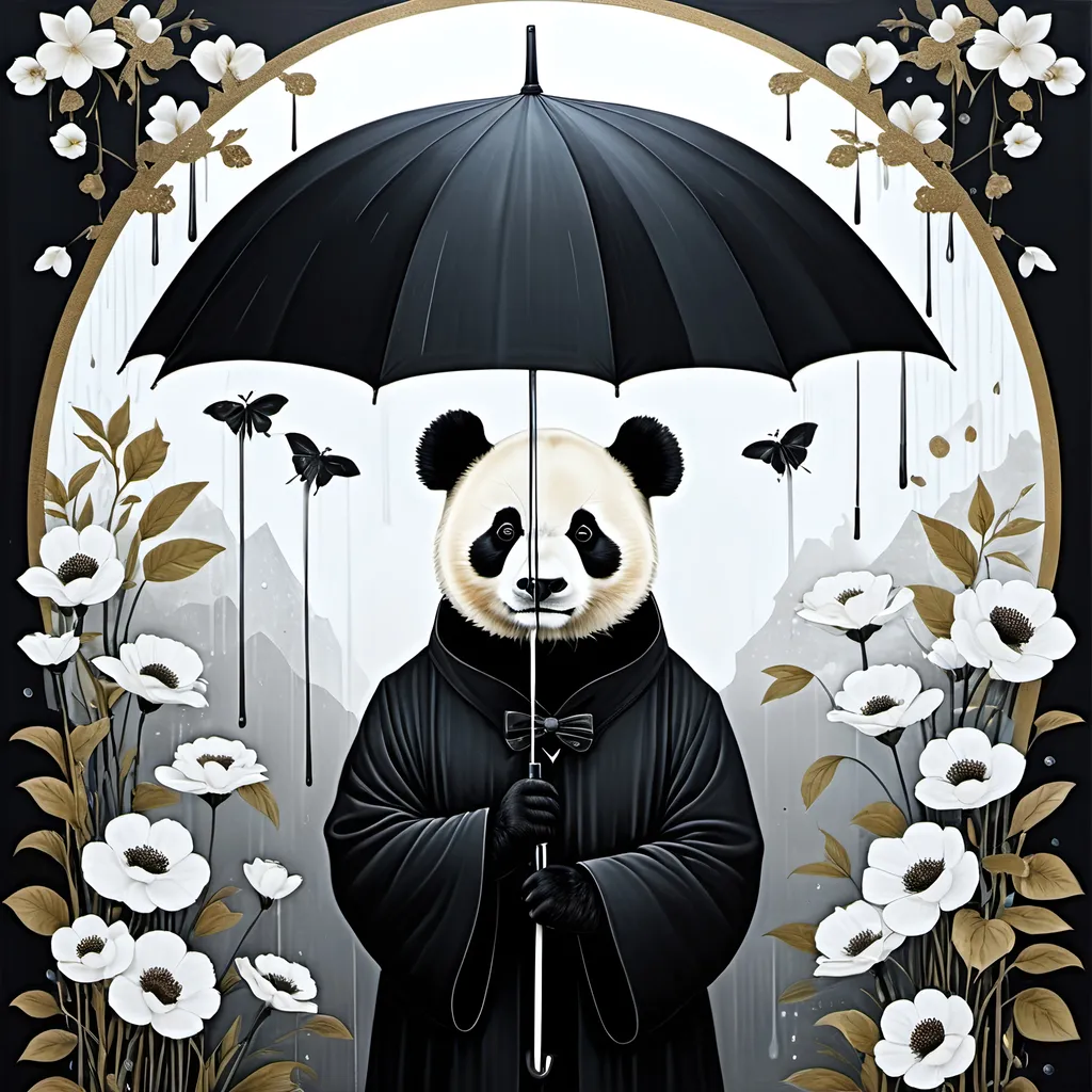 Prompt: illustration of a panda holding an umbrella, in the style of surrealist-inspired works, gothic neo-pop surrealism, Hayv Kahraman, Anselm Kiefer, Jamie Heiden, Lotta Jansdotter, dark white and black, rain, metropolis with flowers background , jewelry by painters and sculptors, vienna secession, elegant, emotive faces, bubble goth, subtle playfulness