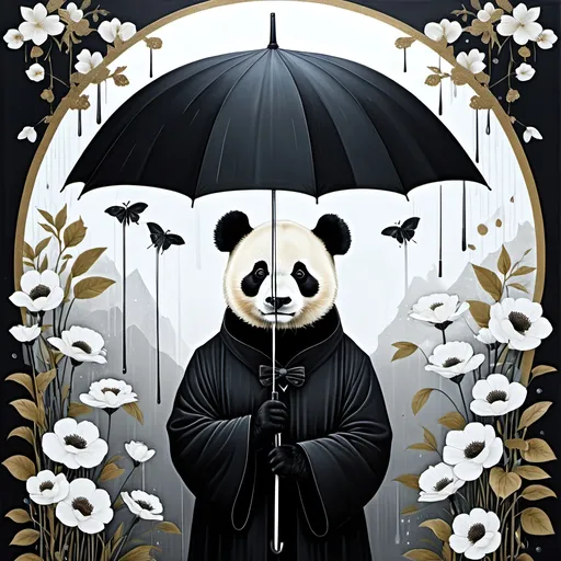 Prompt: illustration of a panda holding an umbrella, in the style of surrealist-inspired works, gothic neo-pop surrealism, Hayv Kahraman, Anselm Kiefer, Jamie Heiden, Lotta Jansdotter, dark white and black, rain, metropolis with flowers background , jewelry by painters and sculptors, vienna secession, elegant, emotive faces, bubble goth, subtle playfulness