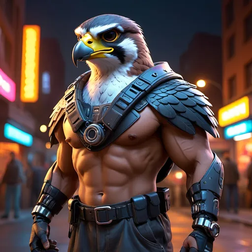 Prompt: anthropomorphic falcon wearing cyberpunk street vendor, realistic, muscular, human proportions, on the streets of Night City, huge grin, lots of scars, cyberpunk,  high definition, professional Pixar, Disney, concept art, 3d digital art, Maya 3D, ZBrushCentral 3D shading, bright colored background, radial gradient background, cinematic, Reimagined by industrial light and magic, 4k resolution post processing