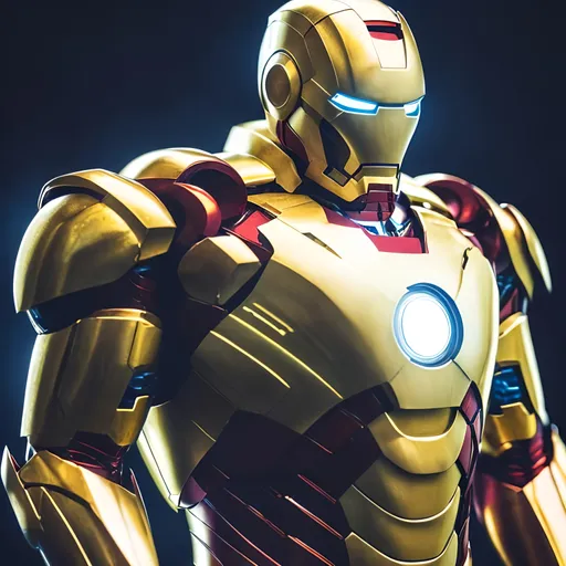 Prompt: White and gold Iron Man suit, metallic sheen, intricate details on armor, dynamic pose, highres, ultra-detailed, futuristic, superhero, sleek design, professional, dramatic lighting, cool tones, advanced technology