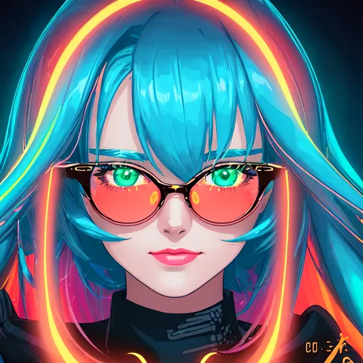 Prompt: Digital art of a girl enveloped in neon light shades. Her glasses mirror the vibrant colors, and her appearance is akin to flowing metal. The UHD resolution brings out every detail, and the golden light casts a shimmering effect. The design is characterized by bold lines, radiant colors, and a throwback retro aesthetic.