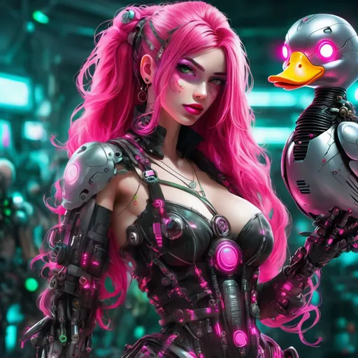 Prompt: Beautiful cybernetic female pirate with long neon pink hair that glows. Put a small robotic duck in the background.