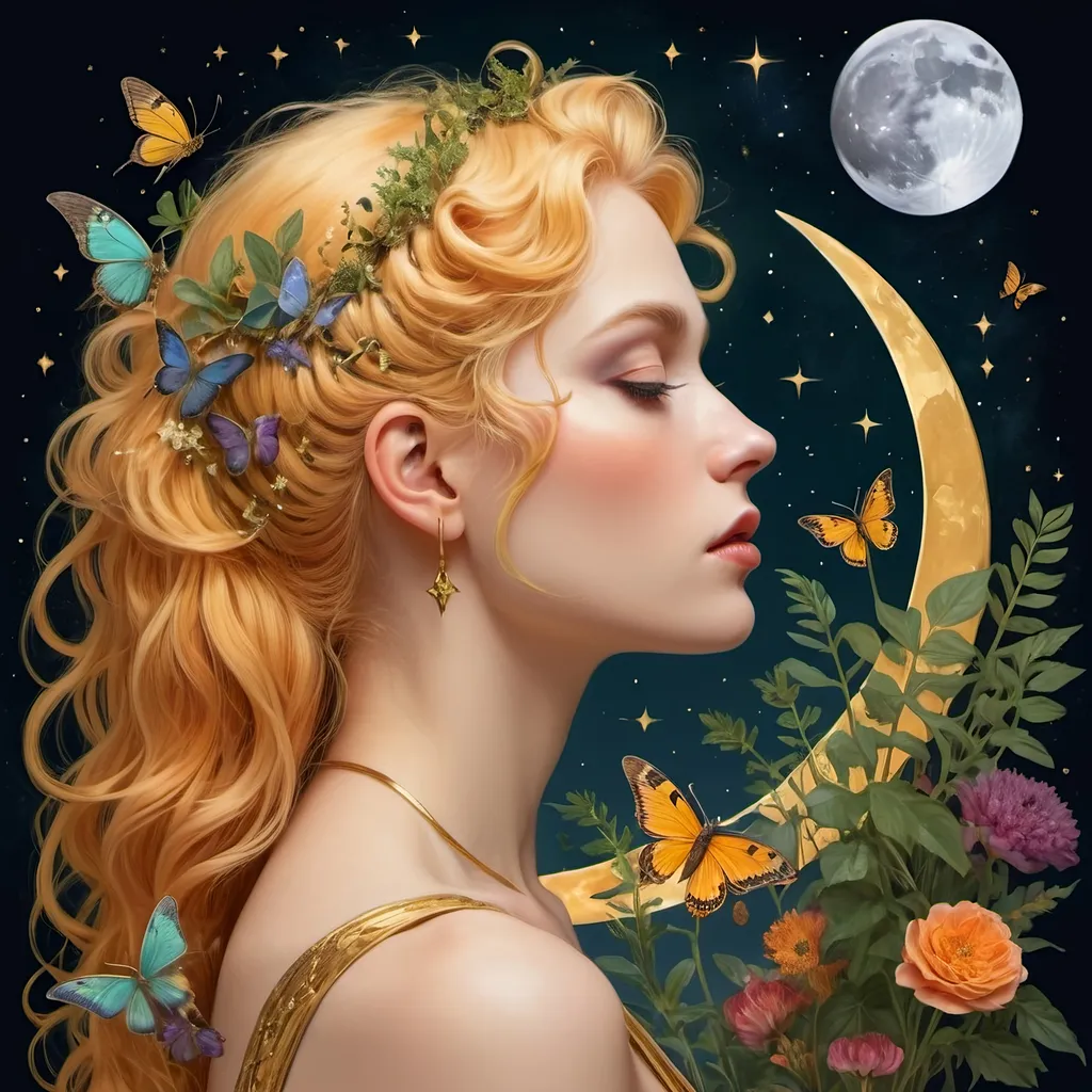 Prompt: A profile beautiful and colourful picture of Persephone with pure gold hair surrounded by plants, moths and animals framed by the moon and constilations