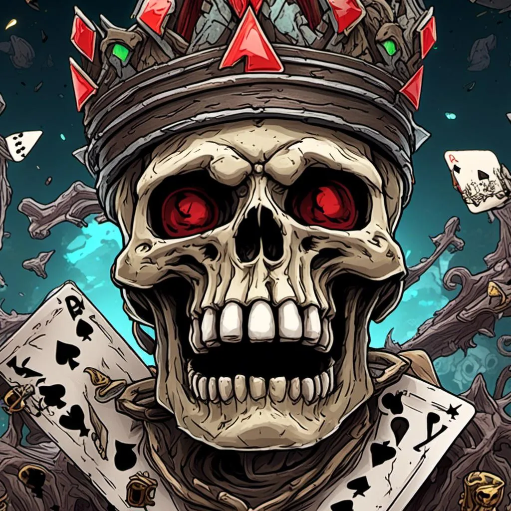 Prompt: <mymodel>Skull holding ace of spades with clear logos and letters, wearing a crown, black outline, white background, full-color, high resolution, 4k, detailed, realistic, no background, regal, card game, detailed skull, intricate design, professional lighting, royal crown, clear symbols and letters, high-quality illustration