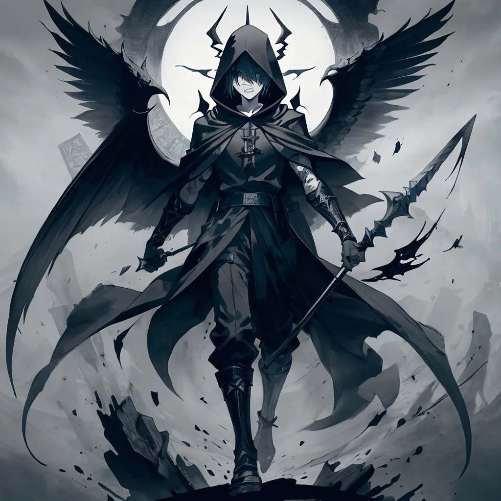 Prompt: 1boy, a drawing of a boy wielding a scyth, with hood on his head, with black ink splatters around him, with big black wing, Alice Prin, gothic art, official art, a manga drawing, full body, black and white color