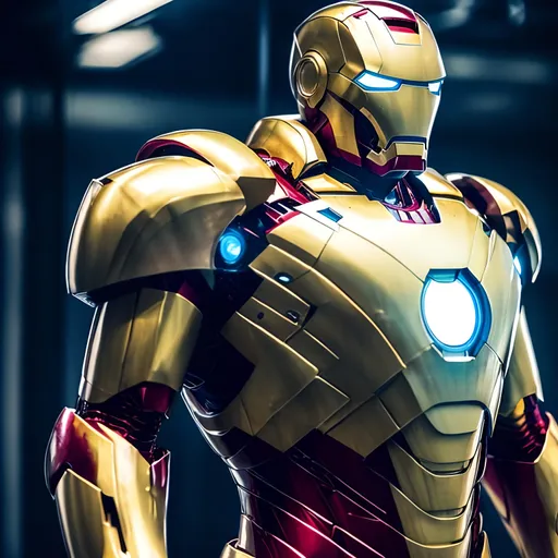 Prompt: White and gold Iron Man suit, metallic sheen, intricate details on armor, dynamic pose, highres, ultra-detailed, futuristic, superhero, sleek design, professional, dramatic lighting, cool tones, advanced technology