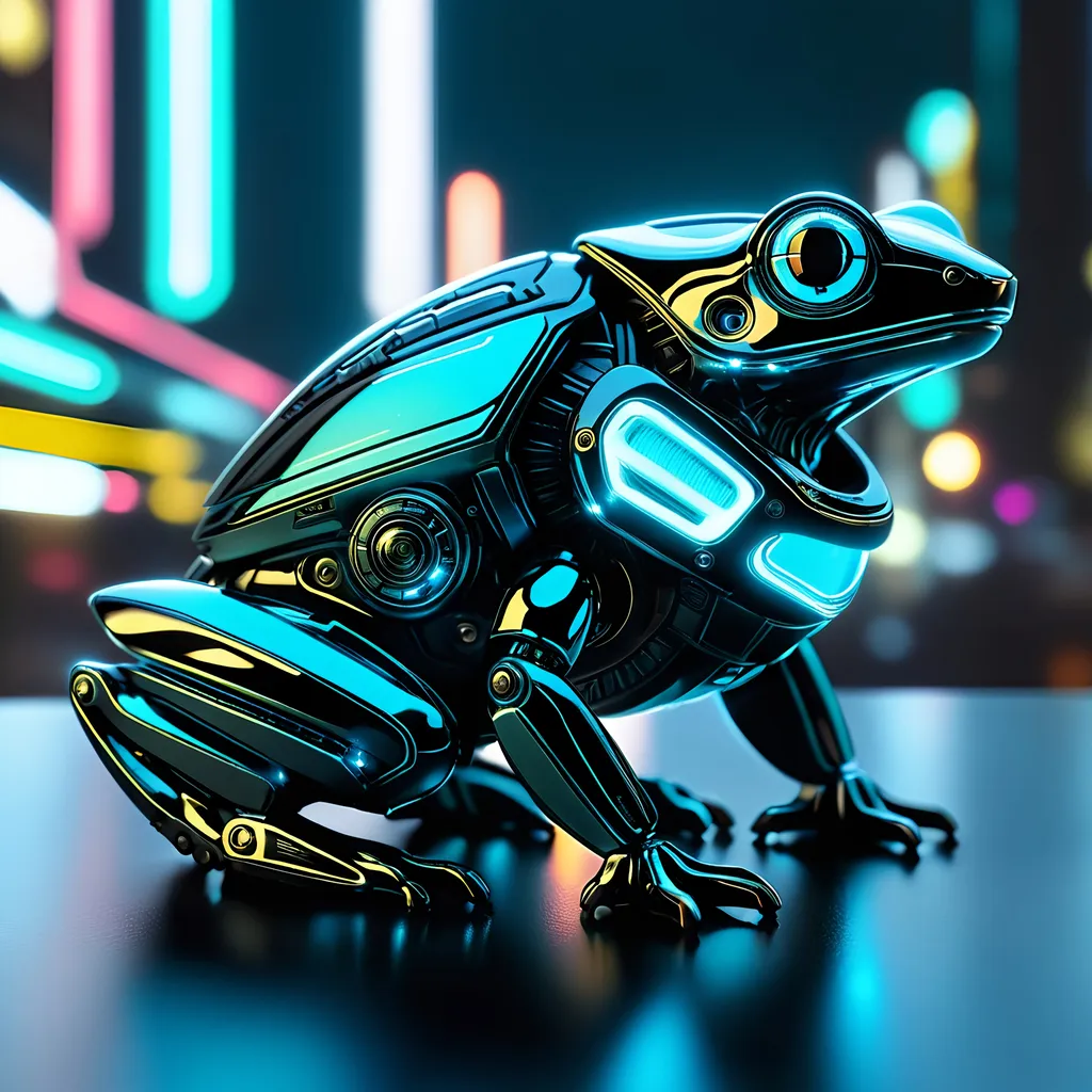 Prompt: Tiny frog mech, metallic and sleek design, futuristic sci-fi style, intense light blue and black color scheme, sparkling neon lights, miniature scale, highres, ultra-detailed, sci-fi, futuristic, metallic sheen, intense color scheme, miniature scale, neon lights, detailed design, professional, atmospheric lighting