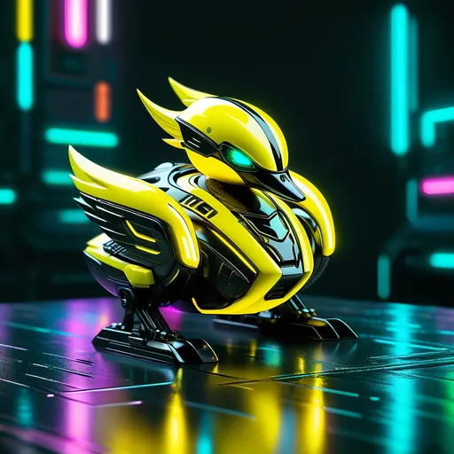 Prompt: Tiny duck mech, metallic and sleek design, futuristic sci-fi style, intense yellow and black color scheme, sparkling neon lights, miniature scale, highres, ultra-detailed, sci-fi, futuristic, metallic sheen, intense color scheme, miniature scale, neon lights, detailed design, professional, atmospheric lighting