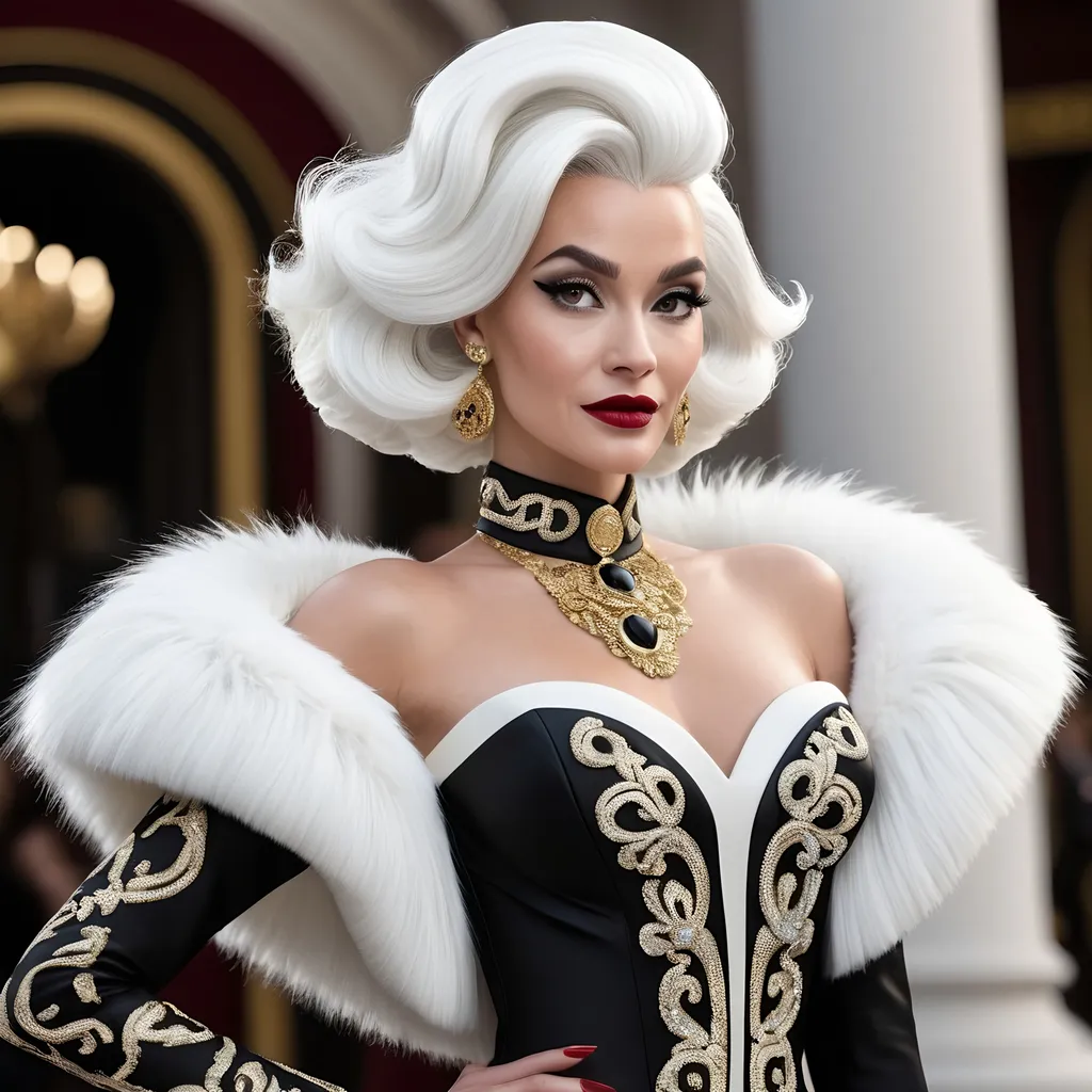 Prompt: Extremely accurated and detailed hyper realistic Cruella in a very detailed Versace dress 