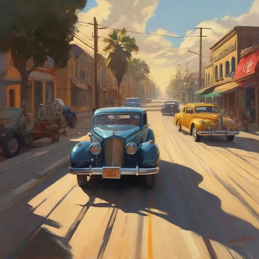 Prompt: LA Noire, car chase, cartoony, sunny atmosphere, extremely detailed painting by Greg Rutkowski and by Henry Justice Ford and by Steve Henderson