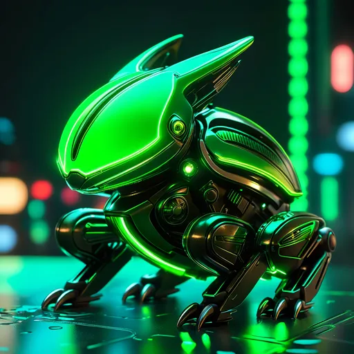 Prompt: Tiny frog mech, metallic and sleek design, futuristic sci-fi style, intense green and black color scheme, sparkling neon lights, miniature scale, highres, ultra-detailed, sci-fi, futuristic, metallic sheen, intense color scheme, miniature scale, neon lights, detailed design, professional, atmospheric lighting