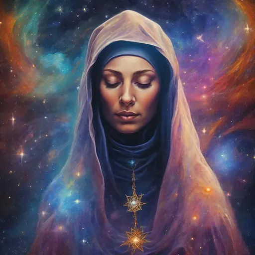 Prompt: Nun exhaling galaxies and stars, cosmic art medium, ethereal aura, vibrant colors, high quality, surreal, cosmic, detailed veils, celestial lighting, mystical atmosphere