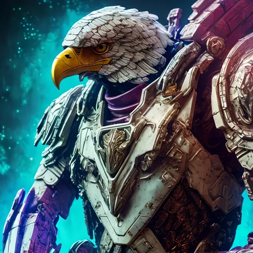 Prompt: Poster art, high-quality high-detail highly-detailed breathtaking hero ((by Aleksi Briclot and Stanley Artgerm Lau)) - ((a Eagle)),  detiled eagle mech suit, 8k ivory and magenta helmet, highly detailed eagle head helmet, add some baby blue, glowing chest emblem ,carbon fibre helmet, mech armor, detailed feathers, queen of the eagles, detailed ivory mech suit, full body, black futuristic mech armor, wearing mech armour suit, 8k,  full form, detailed forest wilderness setting, full form, epic, 8k HD, ice, sharp focus, ultra realistic clarity. Hyper realistic, Detailed face, portrait, realistic, close to perfection, more black in the armour, 
wearing blue and black cape, wearing carbon black cloak with yellow, full body, high quality cell shaded illustration, ((full body)), dynamic pose, perfect anatomy, centered, freedom, soul, Black short hair, approach to perfection, cell shading, 8k , cinematic dramatic atmosphere, watercolor painting, global illumination, detailed and intricate environment, artstation, concept art, fluid and sharp focus, volumetric lighting, cinematic lighting, 

