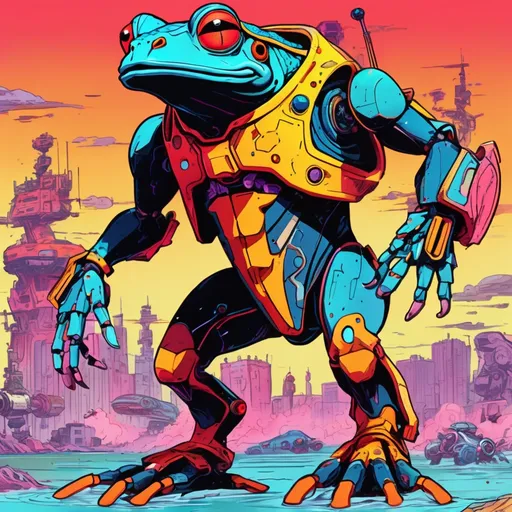 Prompt: Giant frog mech hunting some poor souls.
Science Fiction, Retrofuturism, Body horror, Cosmic Horror, Fine inking, Clean linework, comic illustration, flat shading, Colour transitions, Maximalism, Beautifully illustrated forms, beautiful background scenery, Warm and cold colour mix, Triadic colour palette, Dark vibrancy, Complexity, Storytelling, Dynamic Poses, High quality, Sharp focus, Tight colour range, Full scene, Filmic, 