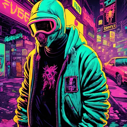 Prompt: Detailed illustration of a character in a vibrant jacket from Hotline Miami 2, neon-lit urban setting, gritty and intense atmosphere, high-quality digital art, intense neon colors, 80s retro style, dynamic pose, vibrant and pulsating lighting, detailed jacket design, professional digital rendering, intense and gritty, neon-lit, urban, 80s retro, dynamic pose, high-quality, vibrant colors, detailed design, professional, atmospheric lighting