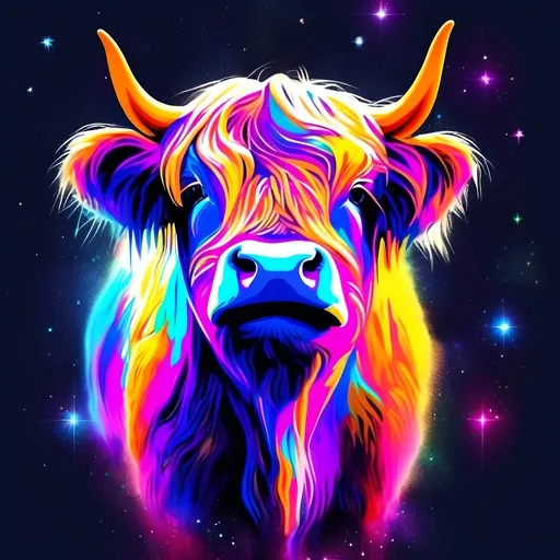Prompt: dwarf highland cow with cosmic overlay. Neon colors.