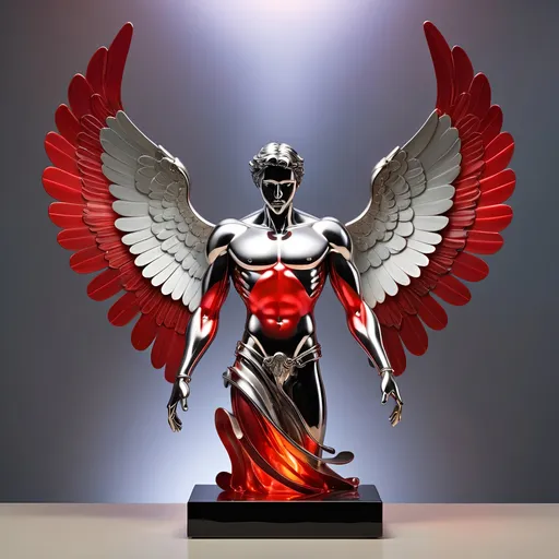 Prompt: Abstract metal tabletop sculpture in the shape of a male angel with wings glowing hot red, platinum and onyx, bright solid colored background, high quality, metallic, modern, vibrant colors, detailed textures, professional lighting