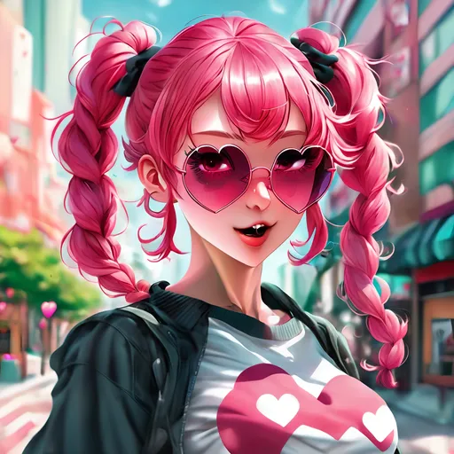 Prompt: anime woman, pink hair with bangs in two braids, heart shaped sunglasses, dynamic pose, urban setting, cute anime art style