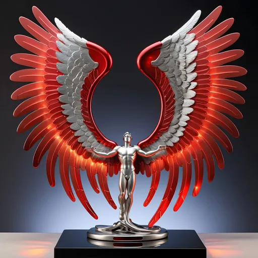 Prompt: Abstract metal tabletop sculpture in the shape of male angel wings glowing hot red, platinum and onyx, bright solid colored background, high quality, metallic, modern, vibrant colors, detailed textures, professional lighting