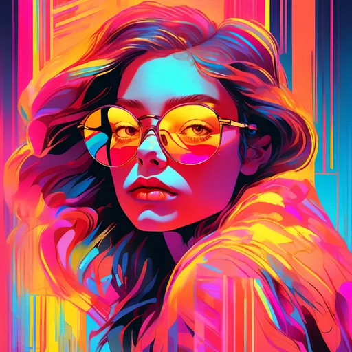 Prompt: Digital art of a girl enveloped in neon light shades. Her glasses mirror the vibrant colors, and her appearance is akin to flowing metal. The UHD resolution brings out every detail, and the golden light casts a shimmering effect. The design is characterized by bold lines, radiant colors, and a throwback retro aesthetic.